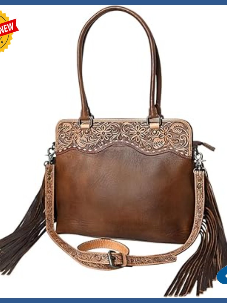 Western Leather Tote Bag With Hand Tooled Floral Design And Long Fringes